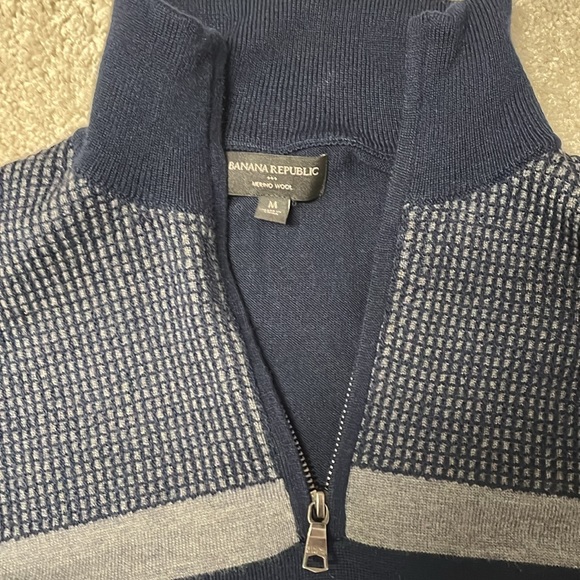 Banana Republic Merino Wool Navy Blue Grey 1/4 Zip Y2K Dad Sweater Men M - Picture 3 of 4